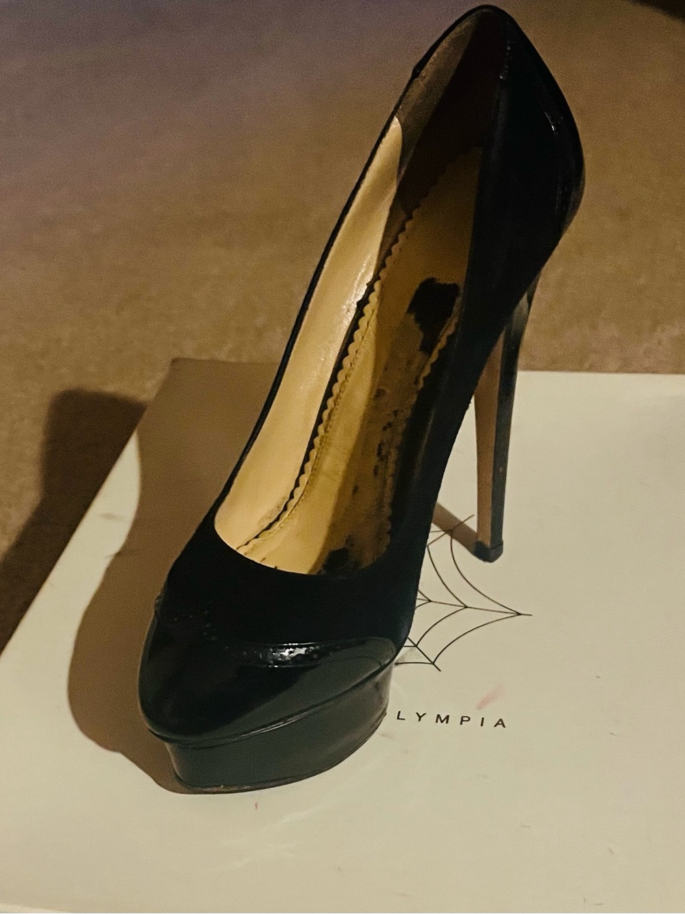 Charlotte Olympia Black Suede and Patent Leather Dolly Platform Pumps. - Picture 2 of 3